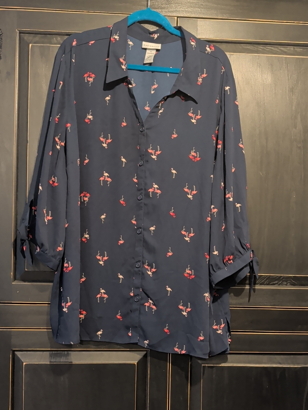 Catherines  Women’s Navy Flamingo Button-Up Blouse